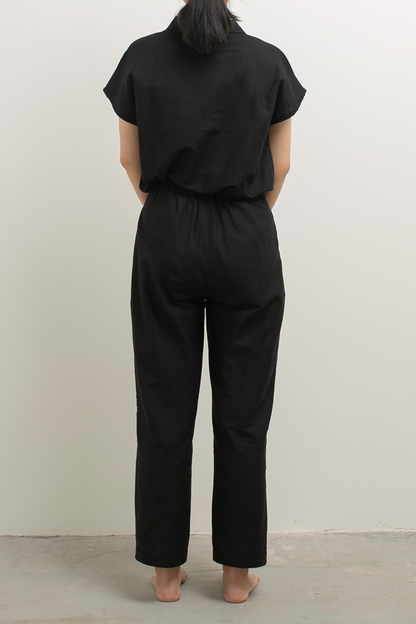 linen v-collar top - black